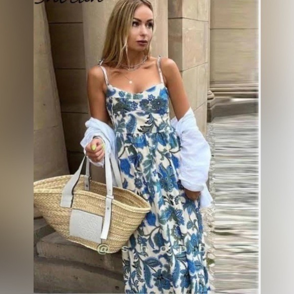 Zara Paisley Floral Printed Midi Dress The June Blue Cream Ecru Camisole XS